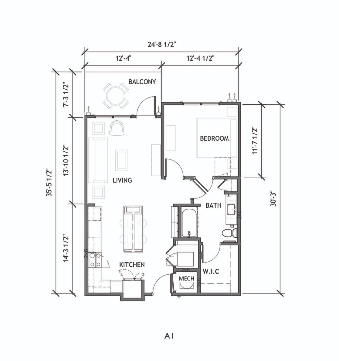 A 3D image of the A1 floorplan, a 752 squarefoot, 1 bed / 1 bath unit