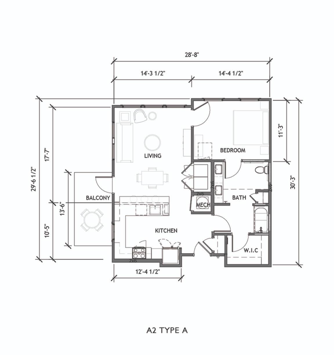 A 3D image of the A2.A floorplan, a 862 squarefoot, 1 bed / 1 bath unit