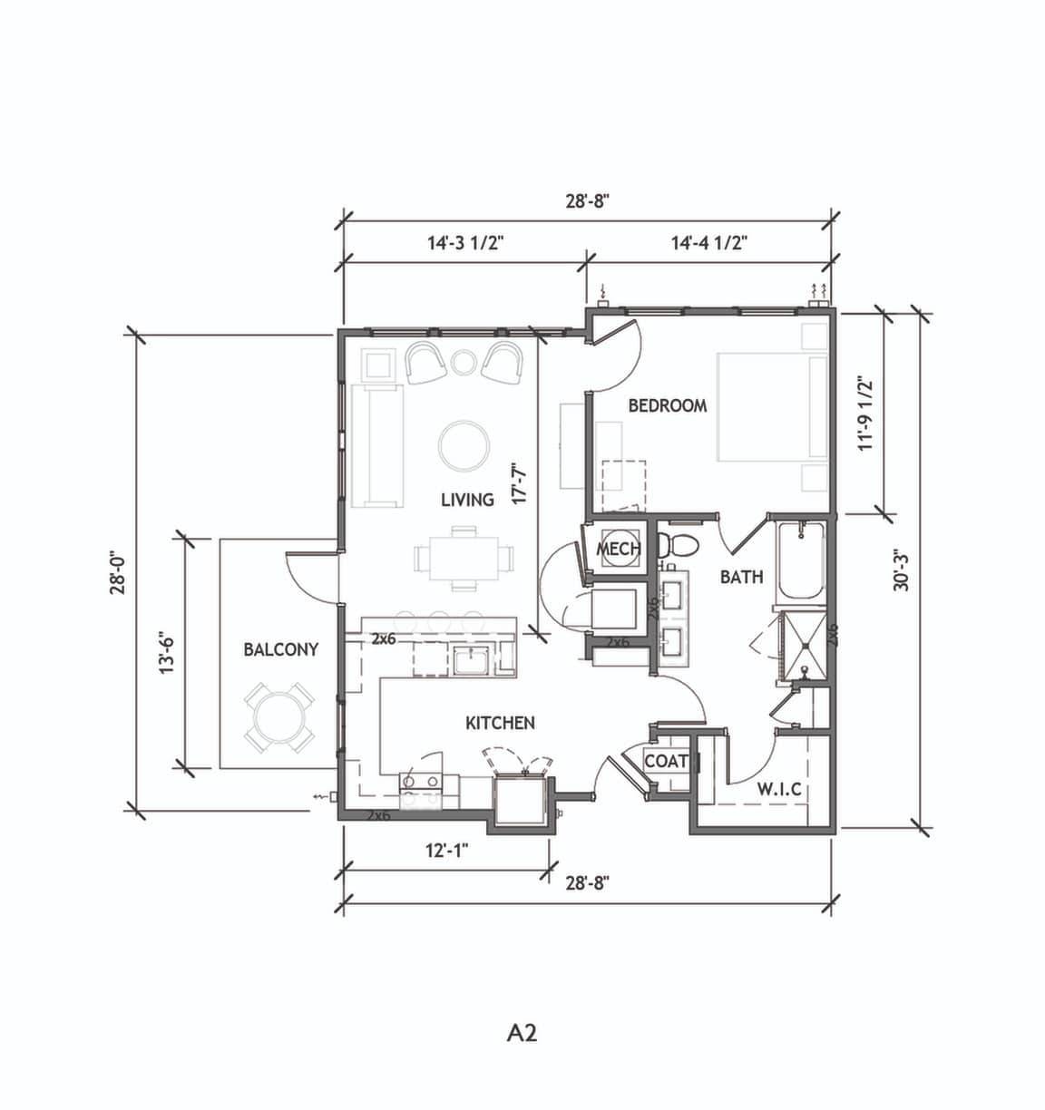 A 3D image of the A2 floorplan, a 862 squarefoot, 1 bed / 1 bath unit