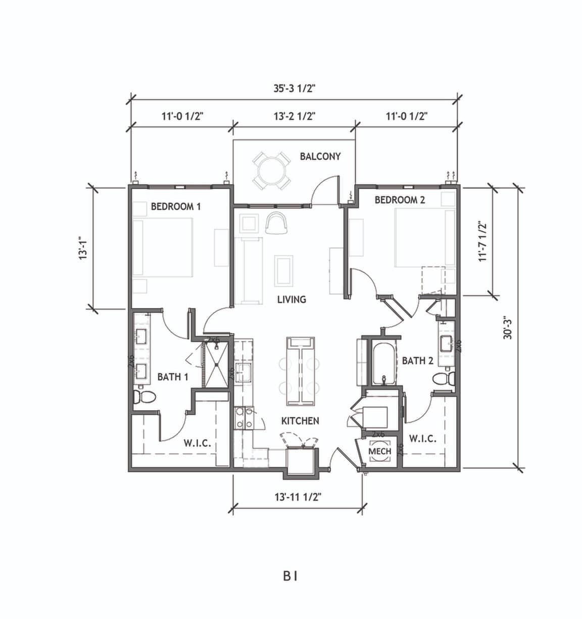 A 3D image of the B1 floorplan, a 1086 squarefoot, 2 bed / 2 bath unit