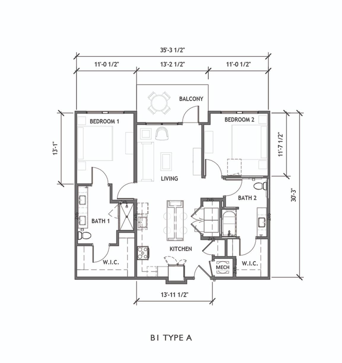 A 3D image of the B1.A floorplan, a 1086 squarefoot, 2 bed / 2 bath unit