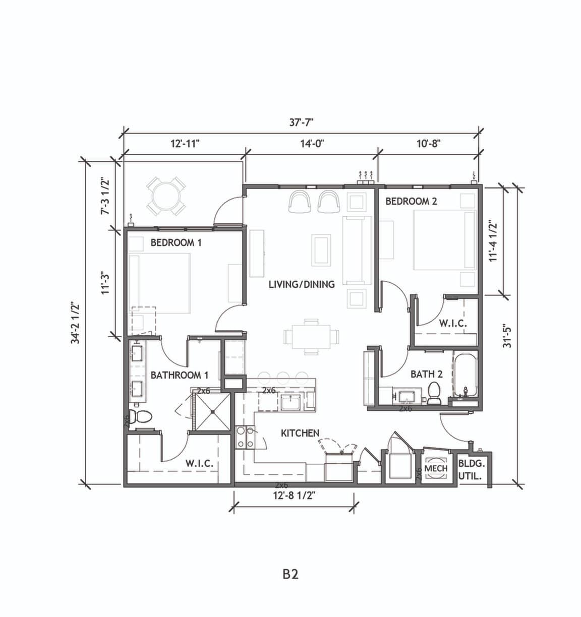 A 3D image of the B2 floorplan, a 1145 squarefoot, 2 bed / 2 bath unit