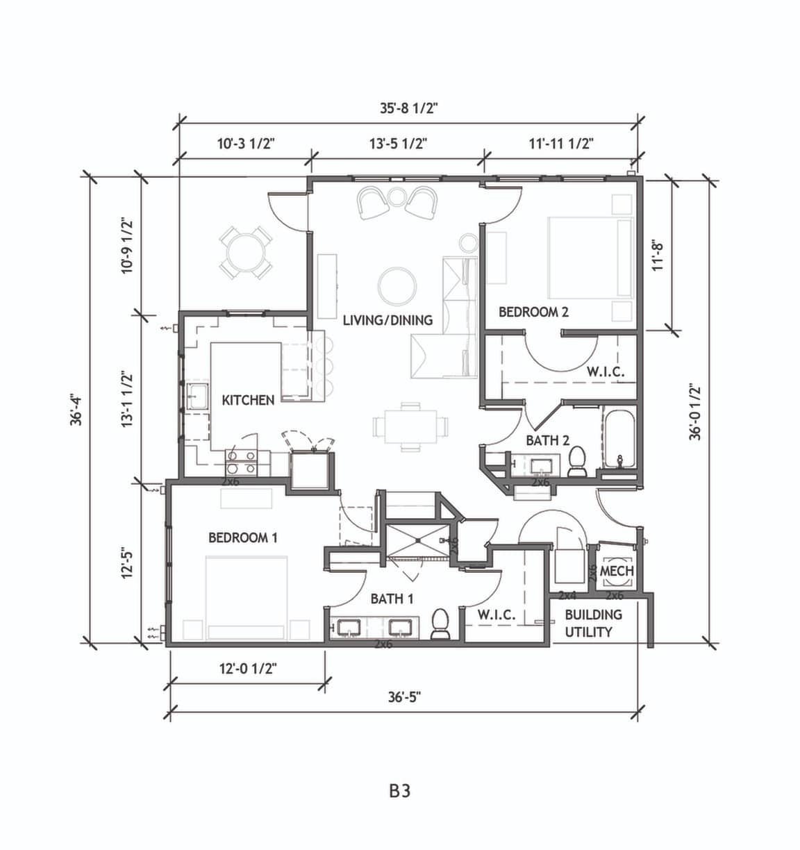 A 3D image of the B3 floorplan, a 1201 squarefoot, 2 bed / 2 bath unit