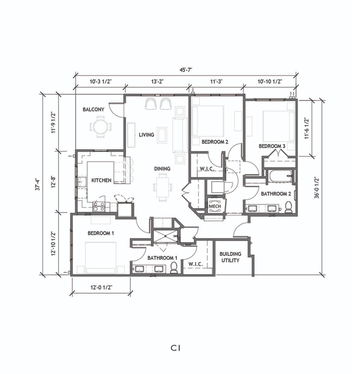 A 3D image of the C1 floorplan, a 1439 squarefoot, 3 bed / 2 bath unit