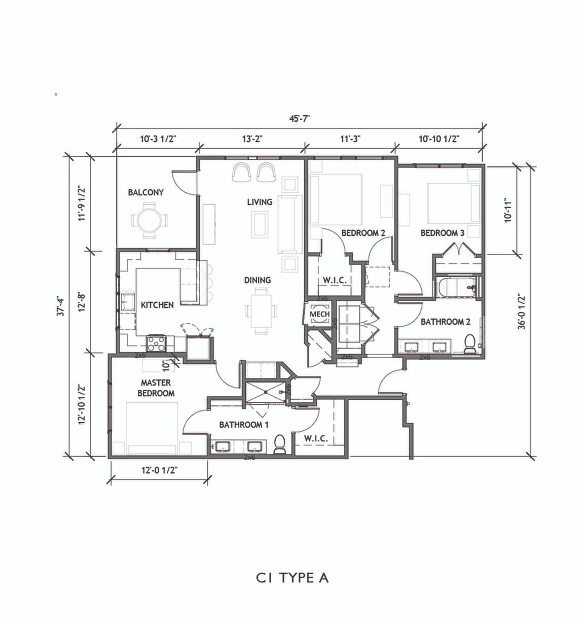 A 3D image of the C1.A floorplan, a 1439 squarefoot, 3 bed / 2 bath unit